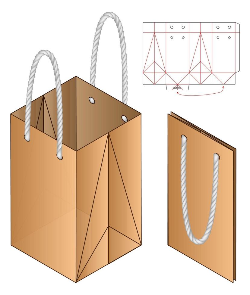 papperspåse förpackning stansad och 3d påse mockup vektor