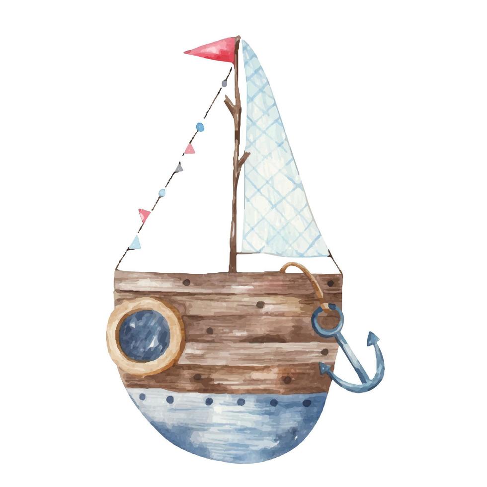 Aquarell Illustration mit Boot, Segelboot Transport. Schiff, Boot Kunst vektor