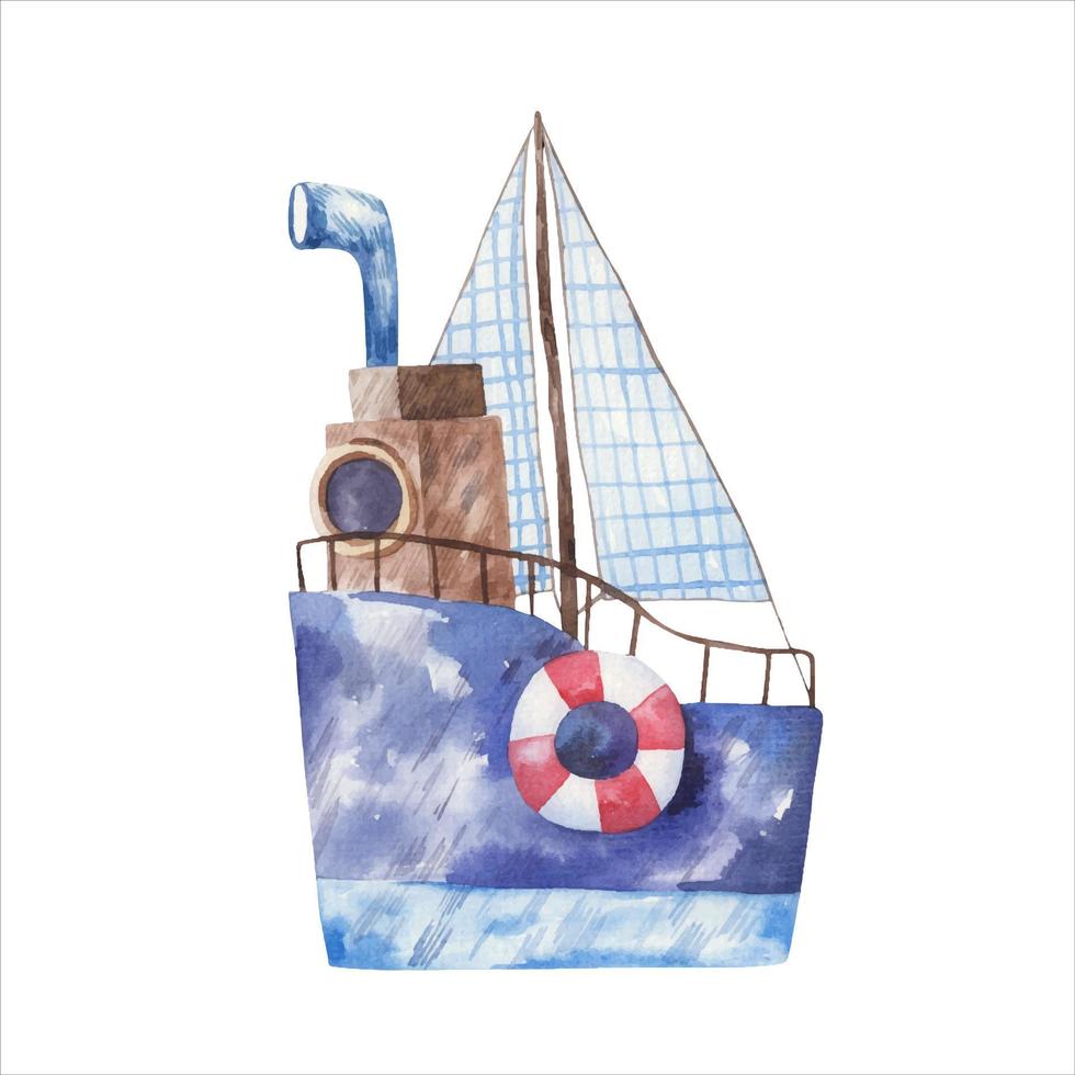 Aquarell Illustration mit Boot, Segelboot Transport. Schiff, Boot Kunst vektor