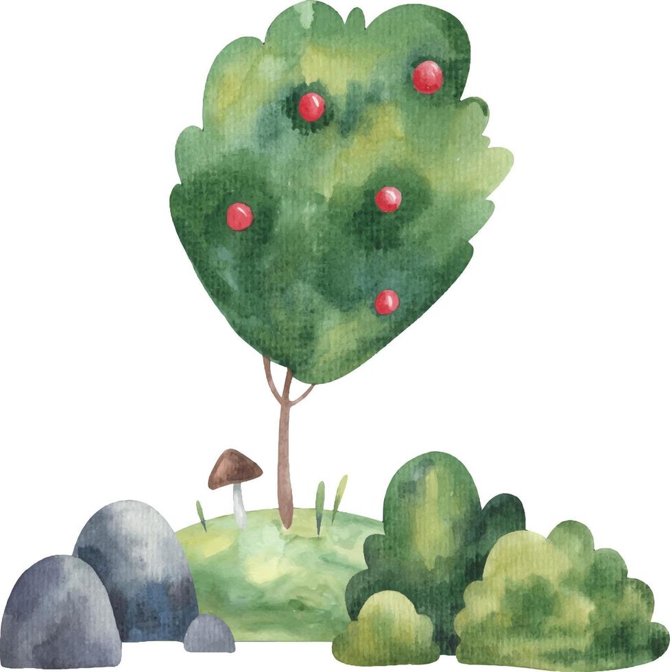 Komposition mit Obst Baum, Steine, Gebüsch und Pilze, Rasen. Kinder- Illustration auf ein Weiß Hintergrund im aquarell.eps vektor