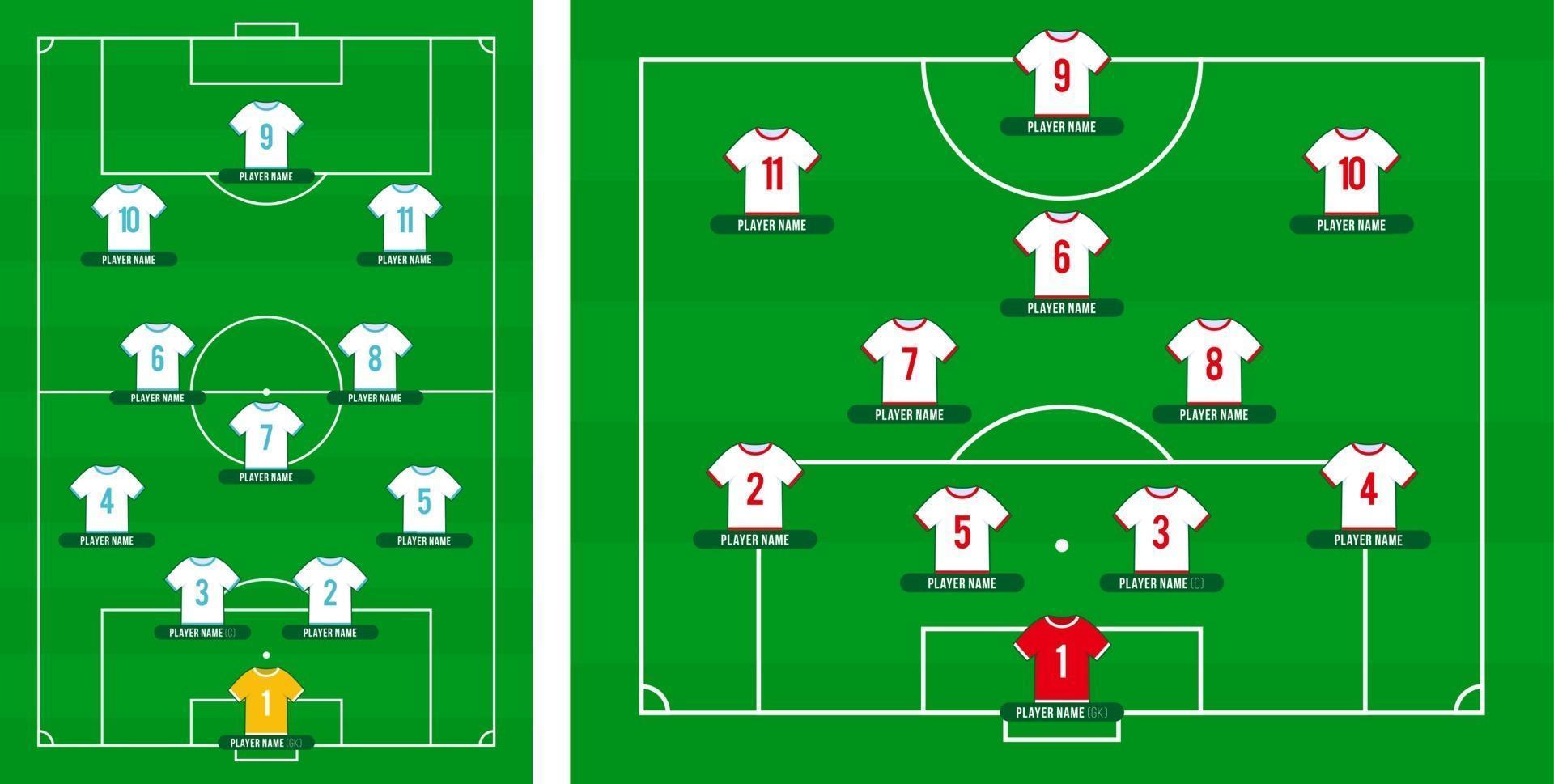 bildande av fotbollslag. fotboll eller fotbollsplan med 11 tröja med siffror vektorillustration. fotbollsuppställning vektor