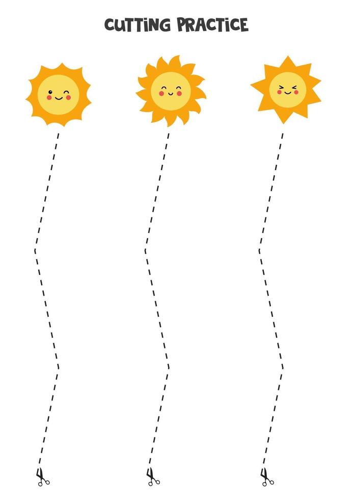 Schneidpraxis für Kinder mit niedlichen kawaii Sonnen. vektor
