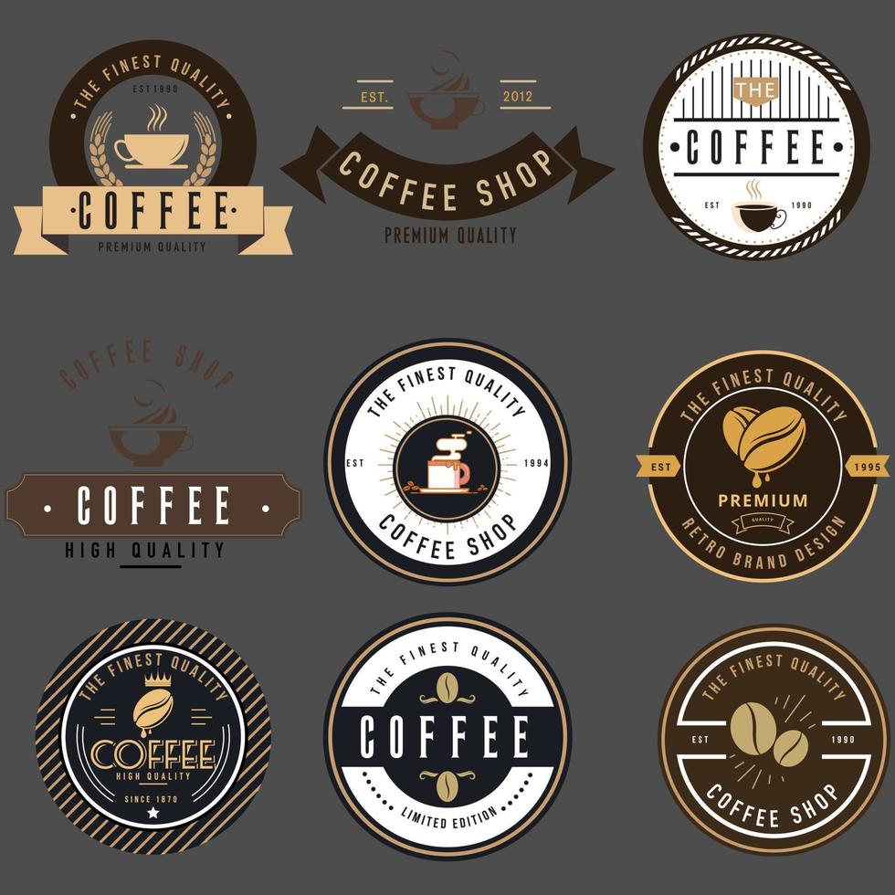 kaffe affär logotyp. kopp, bönor, Kafé årgång stil objekt retro vektor illustration.