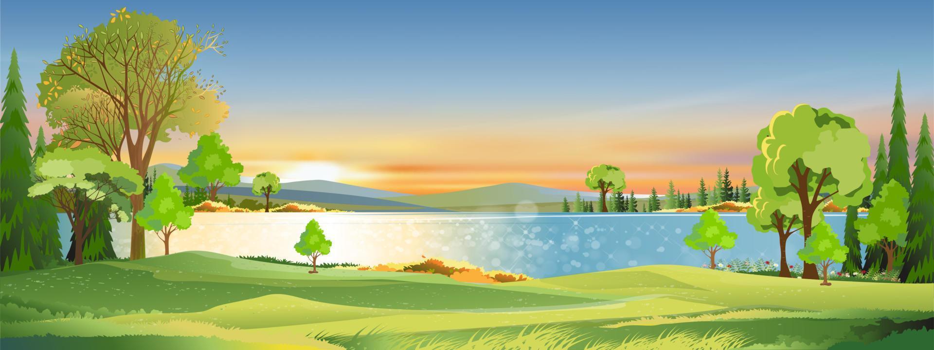 Natur Frühling Landschaft mit Grün Feld mit Wolke, Blau Himmel, Vektor Horizont natürlich ländlich Landschaft durch das See mit Wald Baum, Berge im sonnig tag, karikatur Vektor zum Frühling Sommer Banner