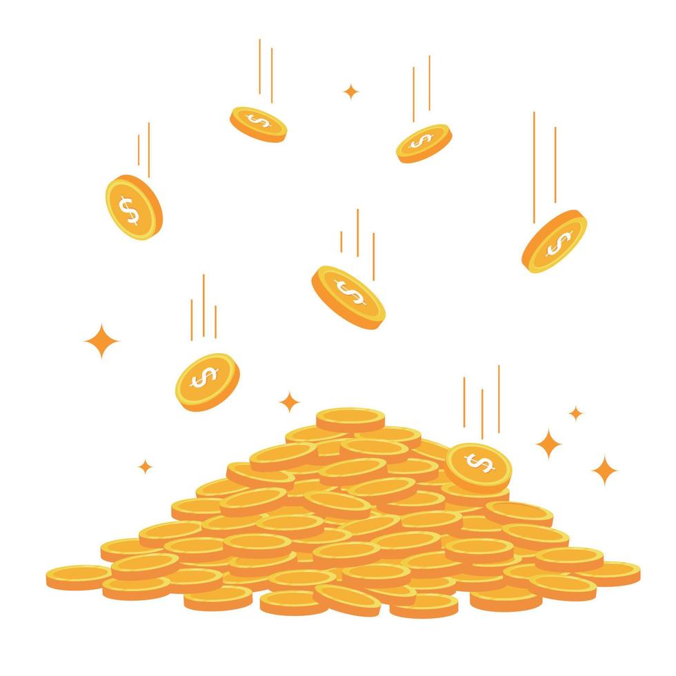 Gold Münzen fallen auf Haufen. Kasse Geld Haufen.Finanzen Konzept im eben Stil vektor