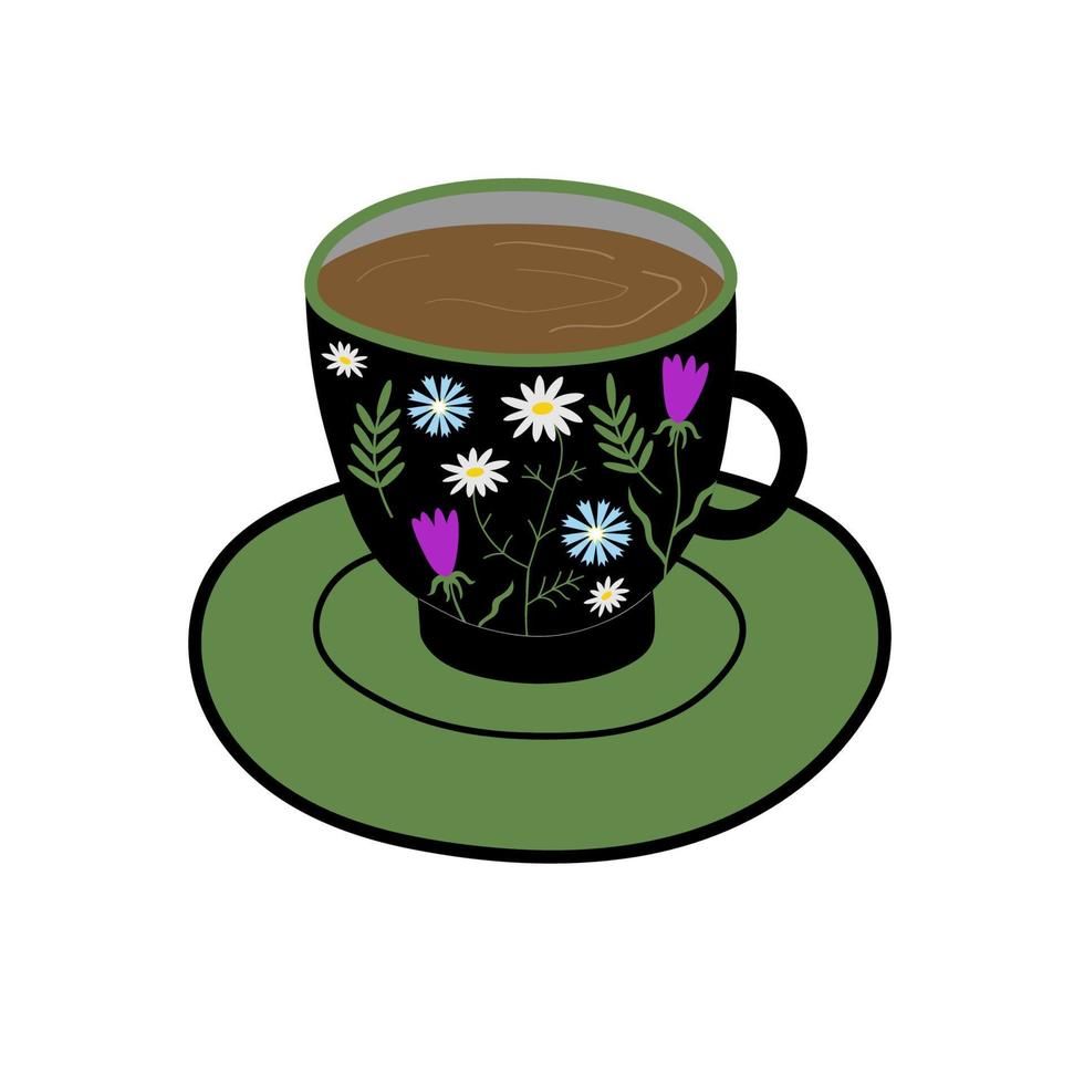 ein Tasse von Tee oder Kaffee. handgemalt schwarz Tasse mit ein Blumen- Design und ein trinken. Tee Party, Kaffee Unterbrechung. Karikatur Vektor Illustration. Design Element