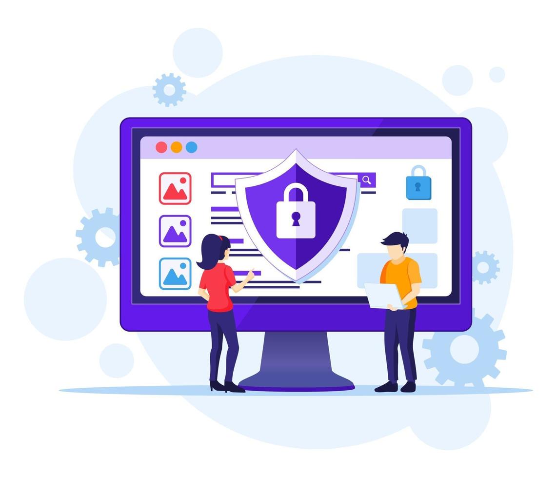 datasäkerhetskoncept, människor arbetar på skärmen och skyddar data och filer. vektor illustration