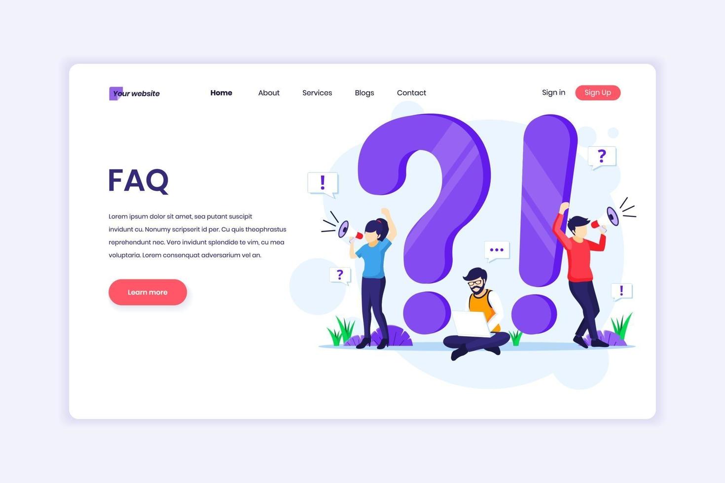 Landingpage-Design-Konzept für häufig gestellte Fragen oder FAQ-Konzepte mit Personen, die in der Nähe eines großen Ausrufezeichens und eines Fragezeichen-Symbols arbeiten. Vektorillustration vektor