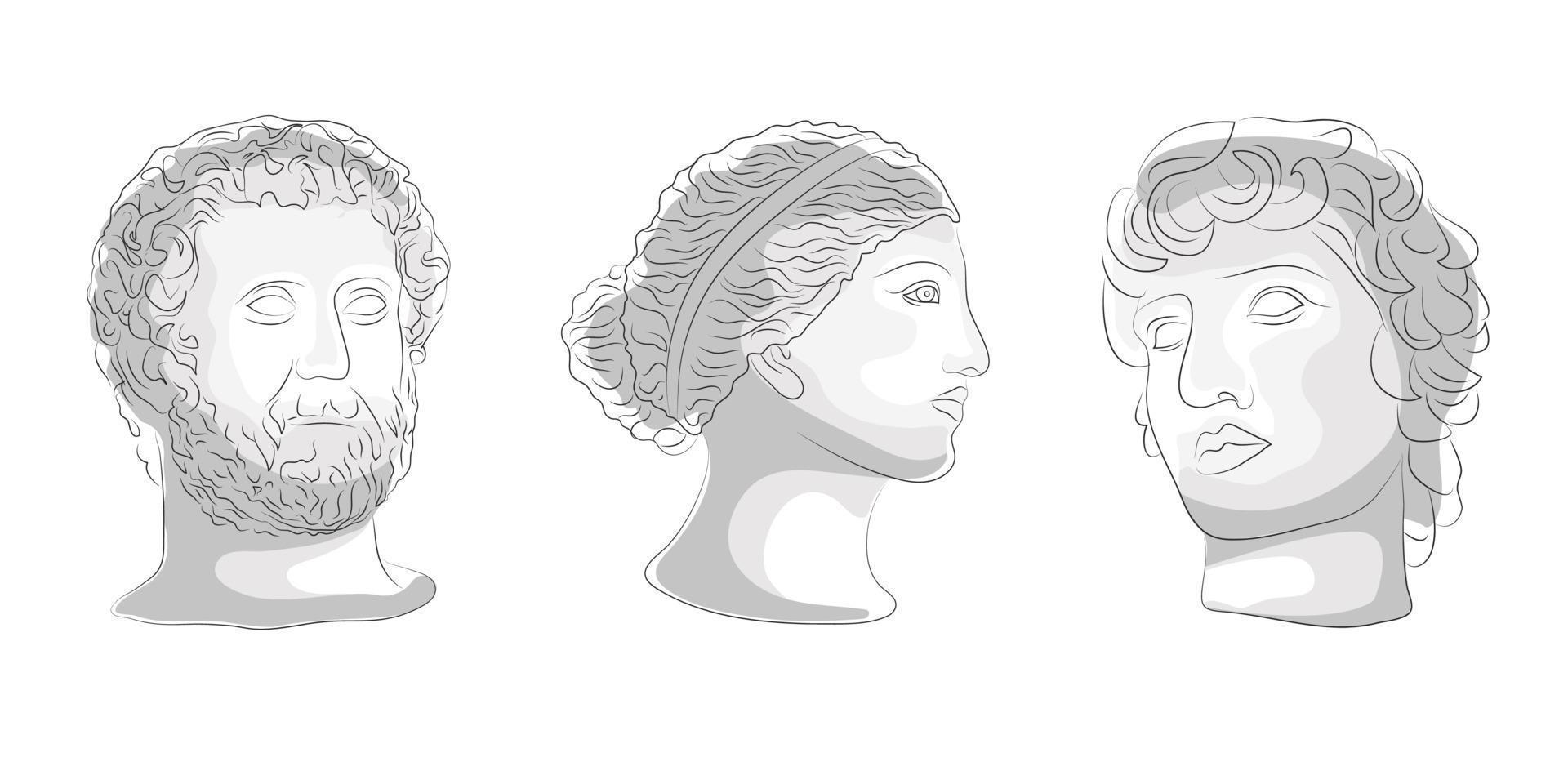 en uppsättning av porträtt, illustrationer med ett gammal plåster huvud. en linje porträtt, växter, grekisk skulptur. vektor