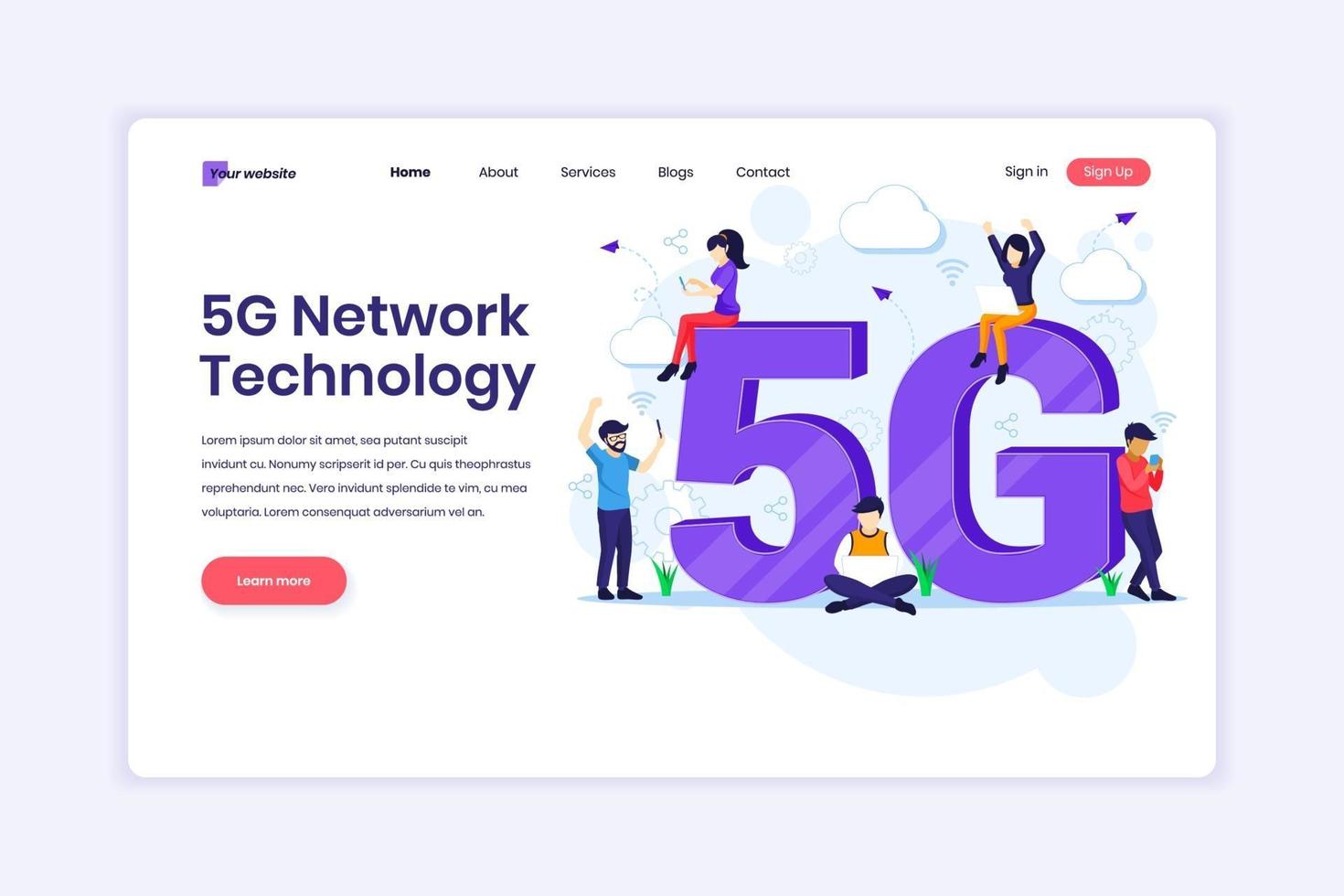 Zielseiten-Designkonzept der 5. Netzwerktechnologie. Menschen mit einem riesigen 5g-Symbol, das eine drahtlose Hochgeschwindigkeitsverbindung 5g verwendet. Vektorillustration vektor