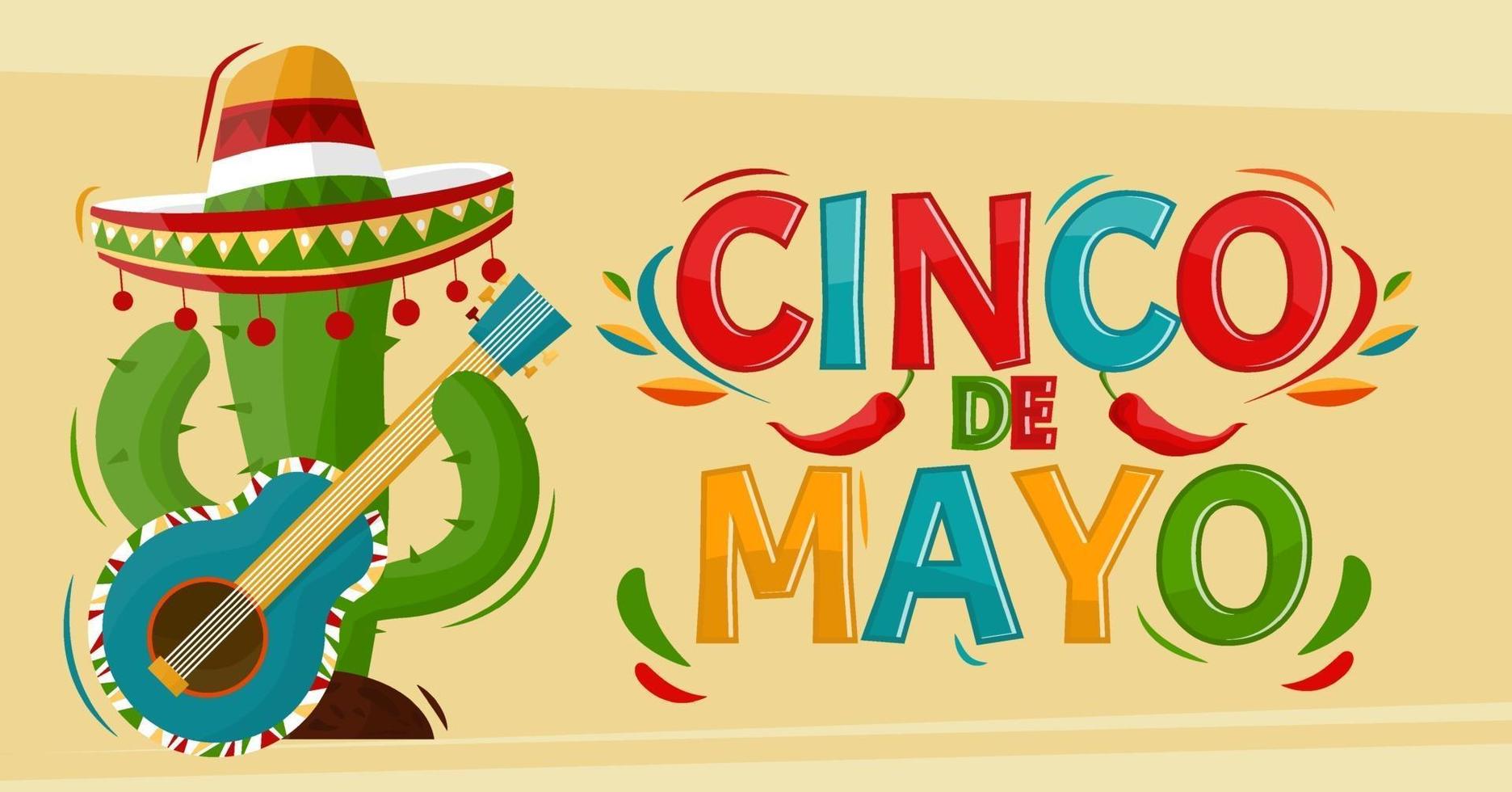 femte maj. 5 maj semester i mexico. kaktus med sombrero. tecknad stil. vektor banner.