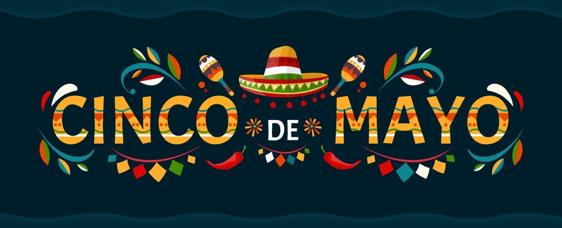 cinco de mayo. 5 maj semester i Mexiko. affisch med grunge konsistens. chilipeppar och sombrero. tecknad stil. vektor banner.