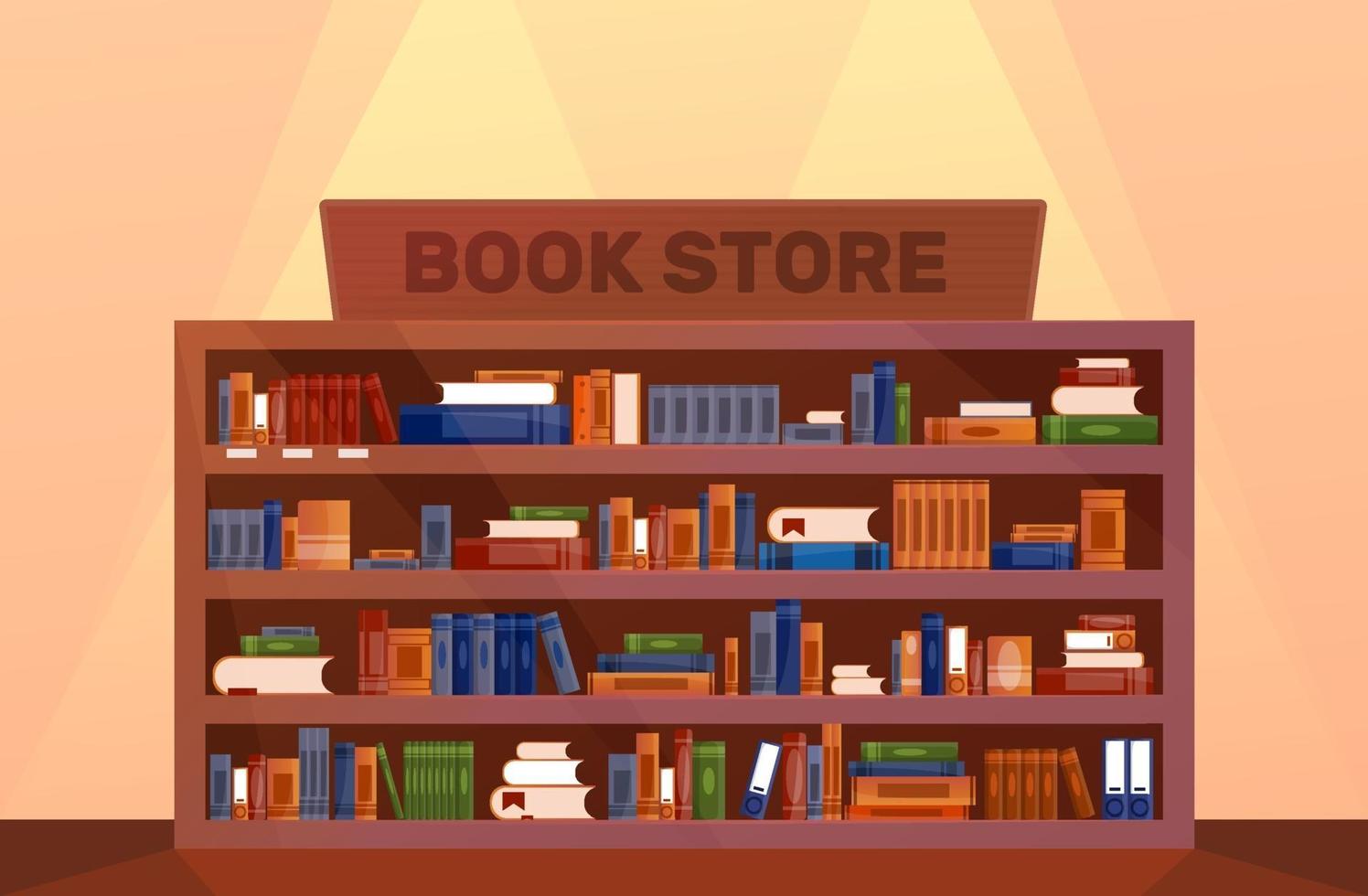 bokhandel stor bokhylla med böcker. bibliotek bokhylla interiör. kunskap. vektor illustration mönster
