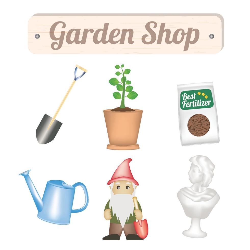 trädgård butik objekt med spade, träd, växtgödsel, vattenkanna, gnome och trädgård dekorativ staty vektor