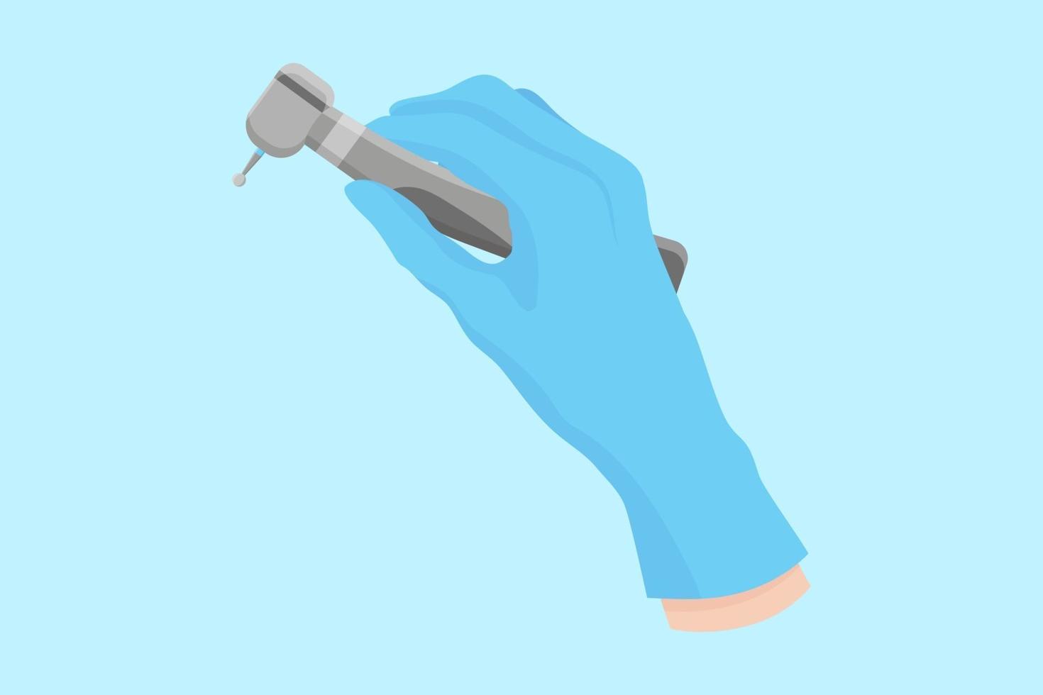 Vektorkarikaturhand eines Zahnarztes in einem blauen Handschuh, der eine zahnärztliche Instrumentenmaschine zum Bohren mit einem Cutter hält vektor