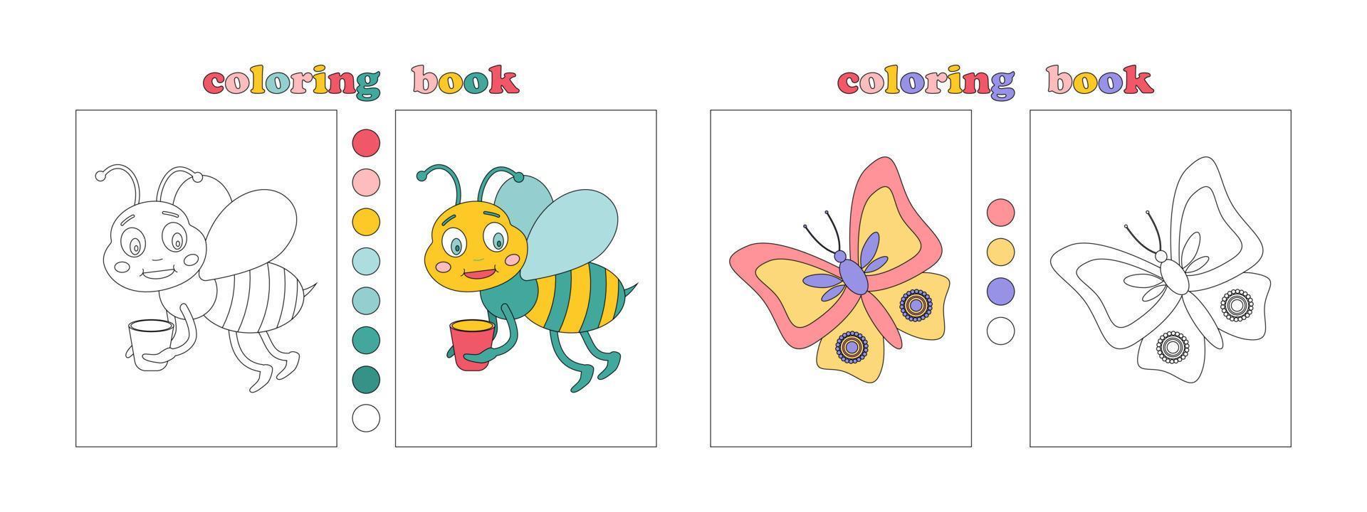 färg bok sida mall för ungar. dekorera fjäril. rolig bilder av djur väntar för färg. dekorera bi. färg bok med blomma prover för yngst. barn utbildning vektor