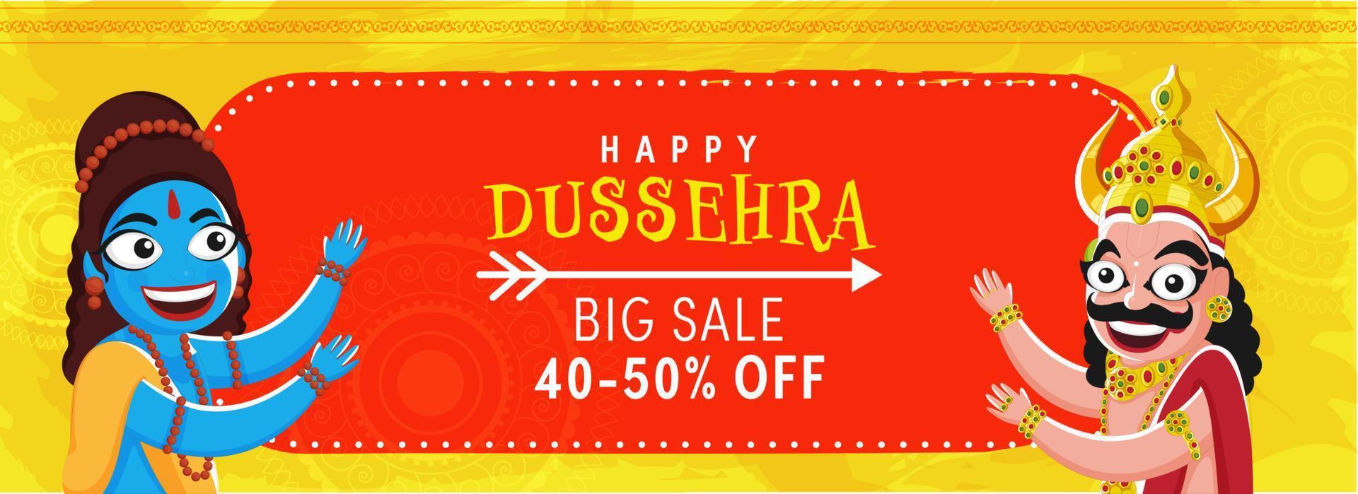 glücklich Dussehra groß Verkauf Header oder Banner Design mit Rabatt Angebot auf Orange und Gelb Hintergrund. vektor