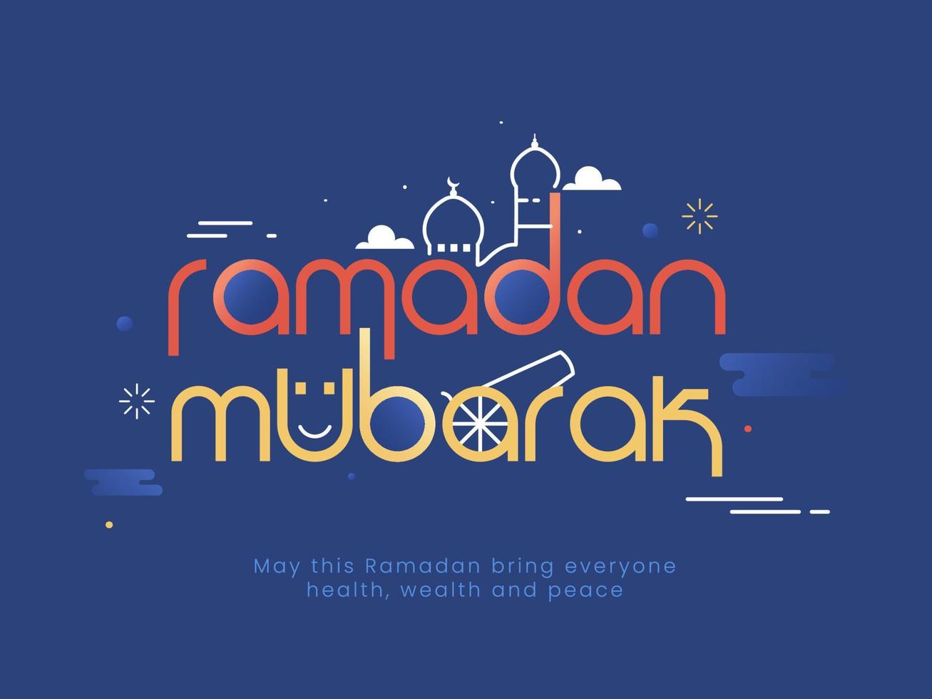 bunt Text Ramadan Mubarak, Strichzeichnungen Moschee auf Blau Hintergrund. islamisch heilig Monat Konzept. vektor