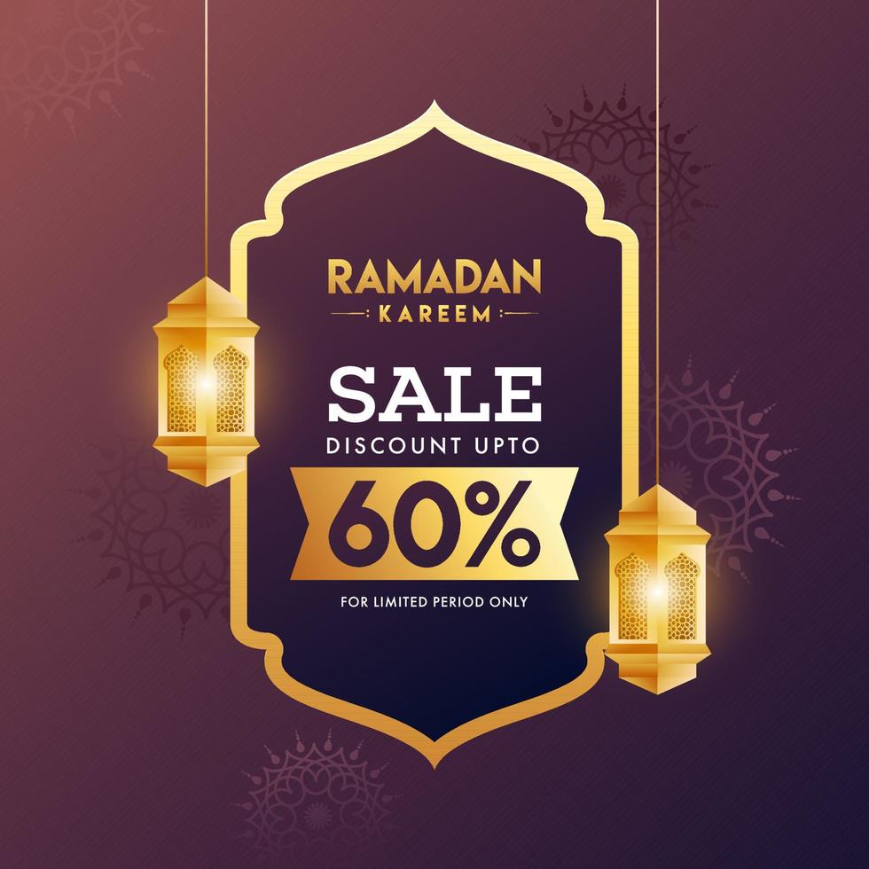 ramadan kareem försäljning affisch design dekorerad med hängande gyllene upplyst lykta. vektor