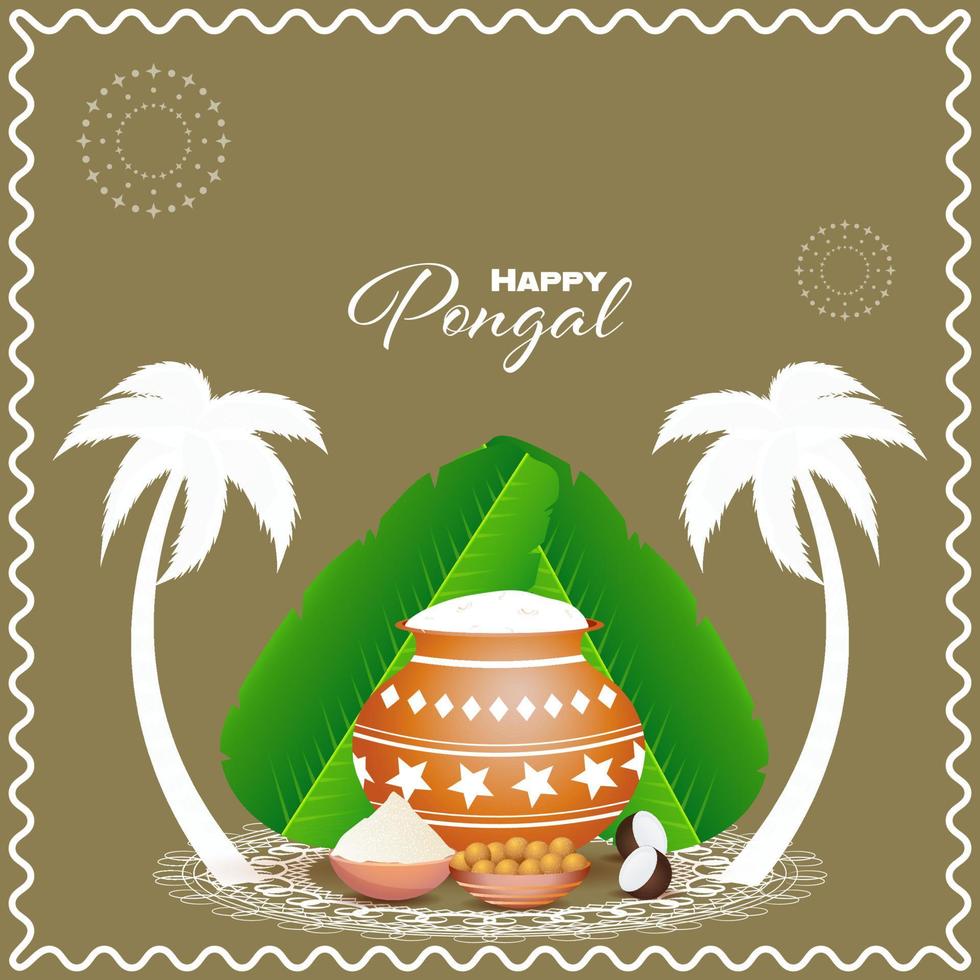 Lycklig pongal firande bakgrund med traditionell maträtt i lera pott, banan löv, silhuett kokos eller handflatan träd och ljuv skål på rangoli. vektor