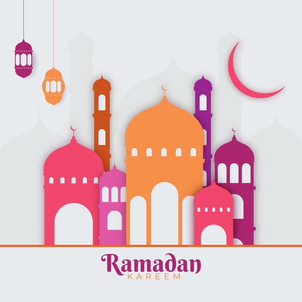 islamic helig månad av ramadan kareem begrepp med färgrik papper moské, hängande lyktor, och halvmåne måne på grå bakgrund. vektor