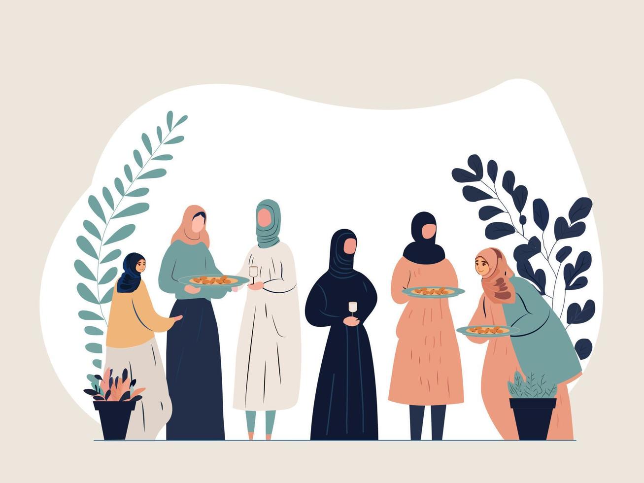 grupp av muslim kvinnor tecken har iftar på beige och vit bakgrund med kopia Plats. vektor