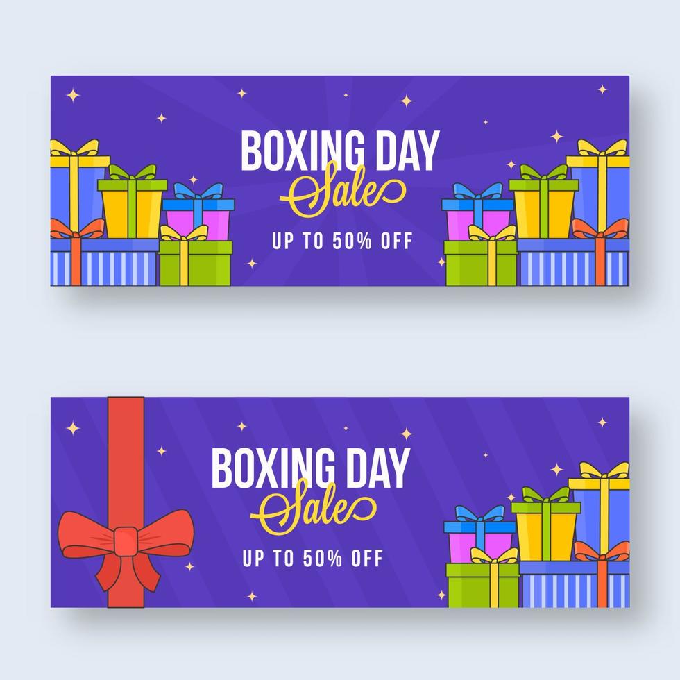 Boxen Tag Verkauf Header oder Banner Design mit Rabatt Angebot und Geschenk Kisten Illustration im zwei Optionen. vektor