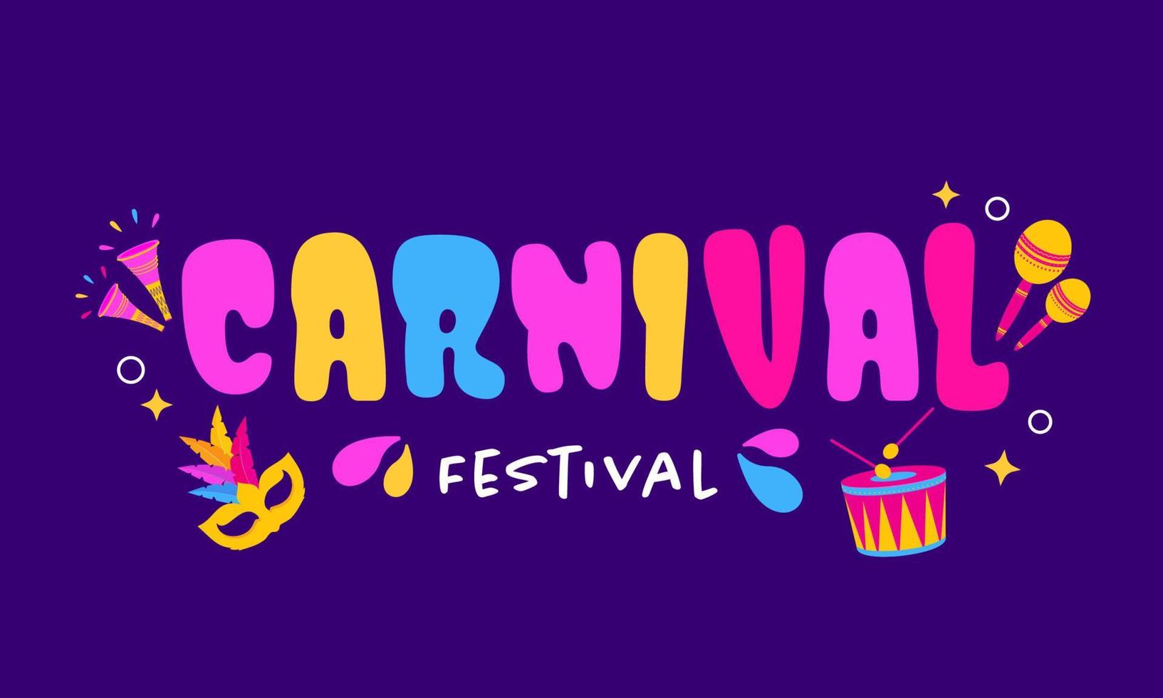färgrik karneval festival font med musik instrument, fest fjäder mask på mörk lila bakgrund. vektor