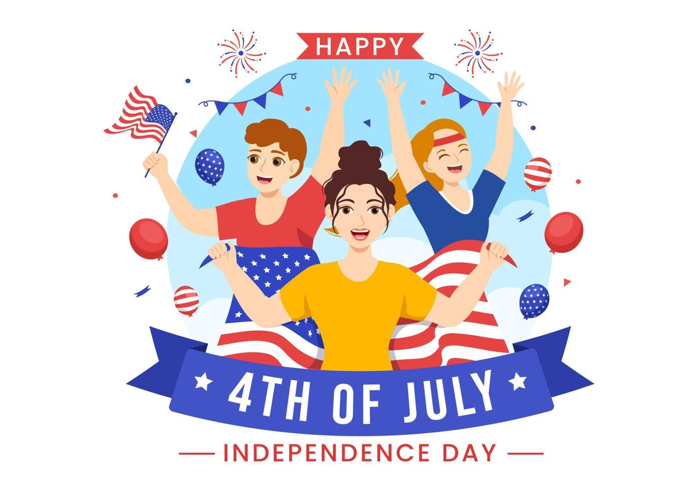 4 .. von Juli Unabhängigkeit Tag USA Vektor Illustration mit amerikanisch Flagge und Luftballons Hintergrund im eben Karikatur Hand gezeichnet Landung Seite Vorlagen