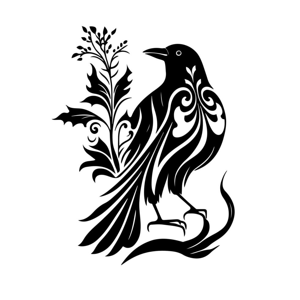 mysteriös schwarz Krähe mit zart Blumen- Ornament auf Weiß. Vektor Illustration Ideal zum dunkel und wunderlich Entwürfe, Halloween, Fantasie, und mehr.