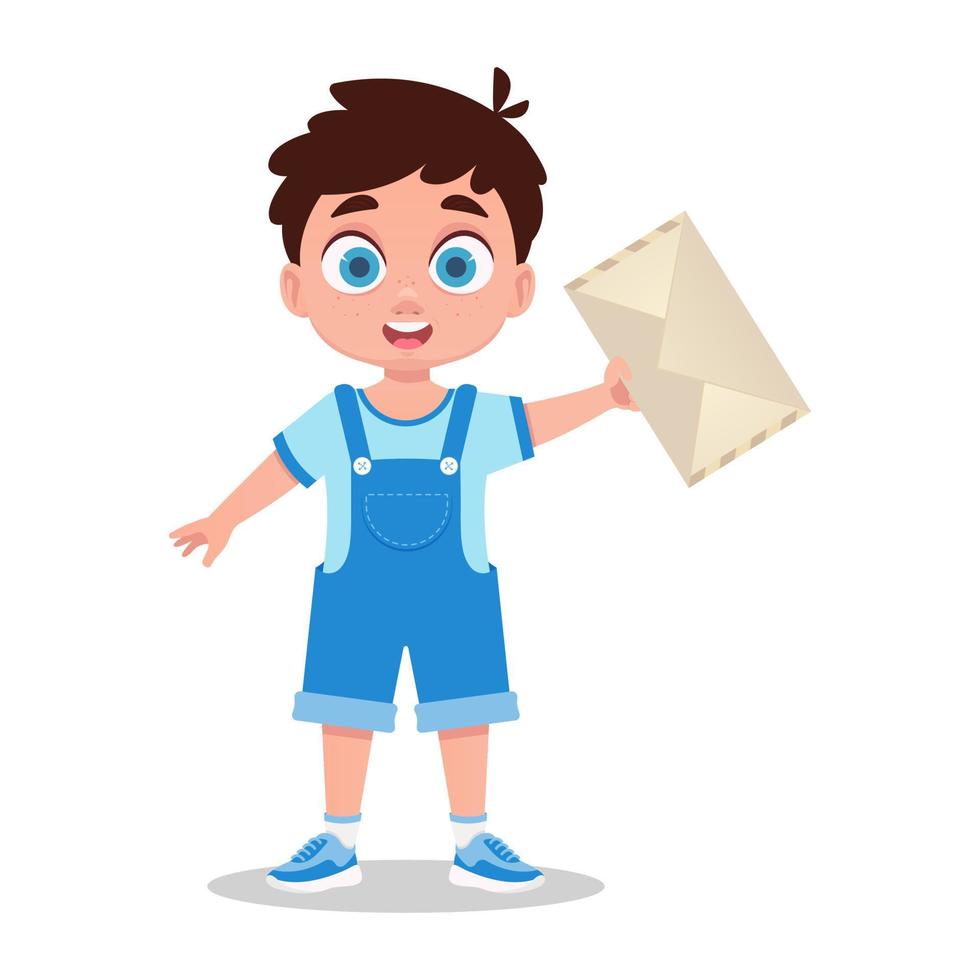 en söt pojke skickar ett kuvert. vektor illustration