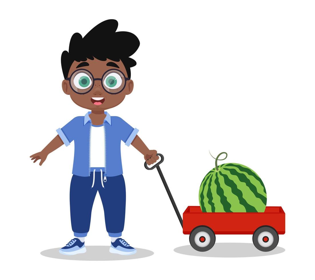 söt pojke med vagn och vattenmelon vektor