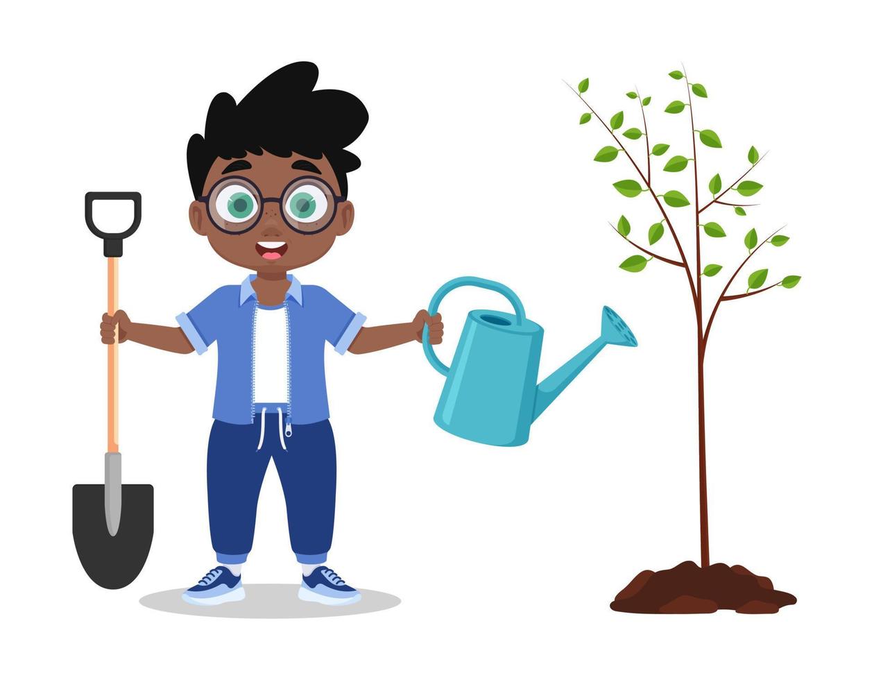 söt pojke plantering en träd. vektor illustration