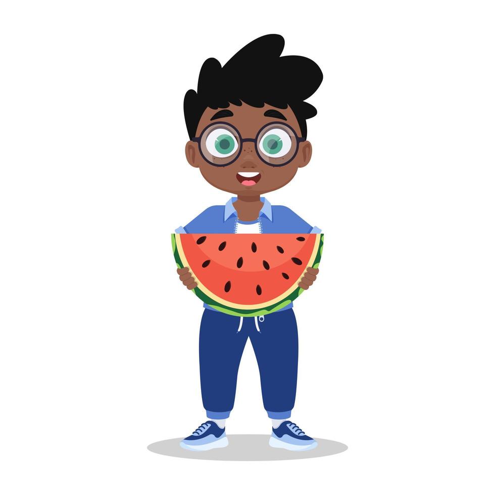 söt pojke äter vattenmelon vektor