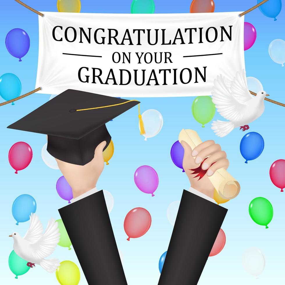Grattis examen banner med diplom och hatt vektor