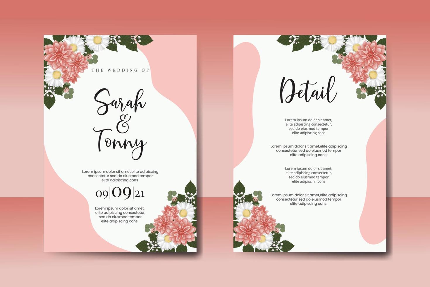 Hochzeit Einladung Rahmen Satz, Blumen- Aquarell Digital Hand gezeichnet Dahlie Blume Design Einladung Karte Vorlage vektor