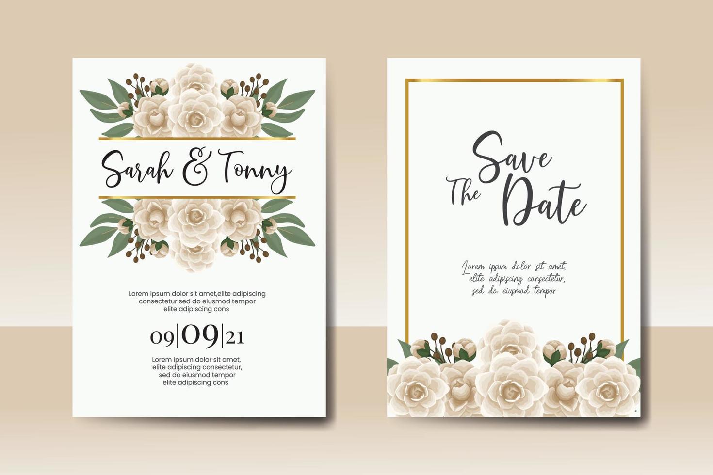 Hochzeit Einladung Rahmen Satz, Blumen- Aquarell Digital Hand gezeichnet Kamelie Blume Design Einladung Karte Vorlage vektor