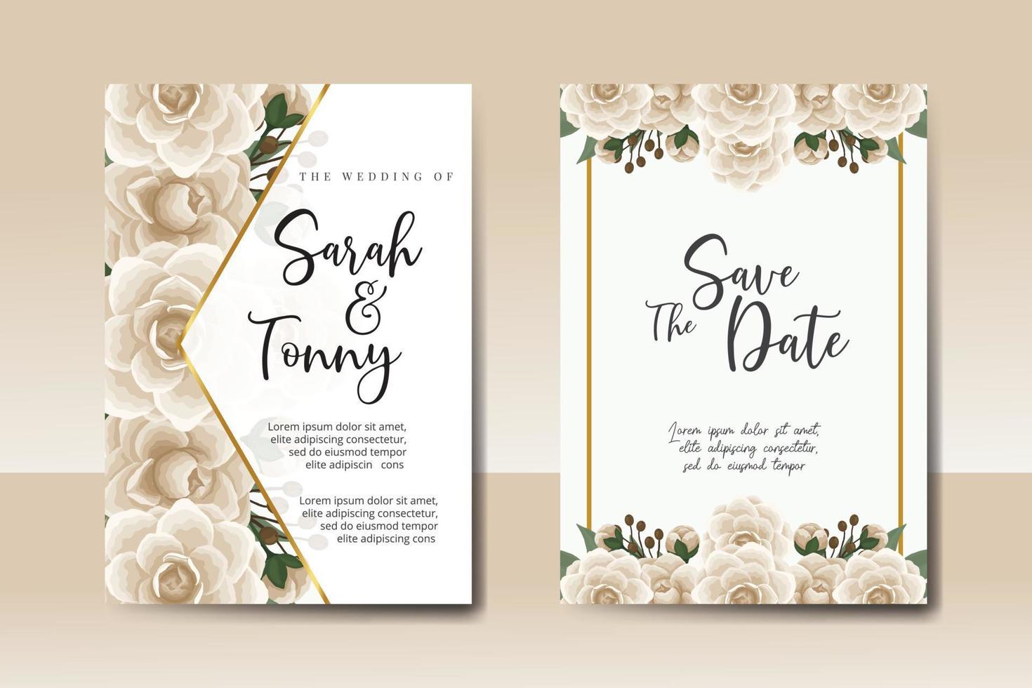 Hochzeit Einladung Rahmen Satz, Blumen- Aquarell Digital Hand gezeichnet Kamelie Blume Design Einladung Karte Vorlage vektor