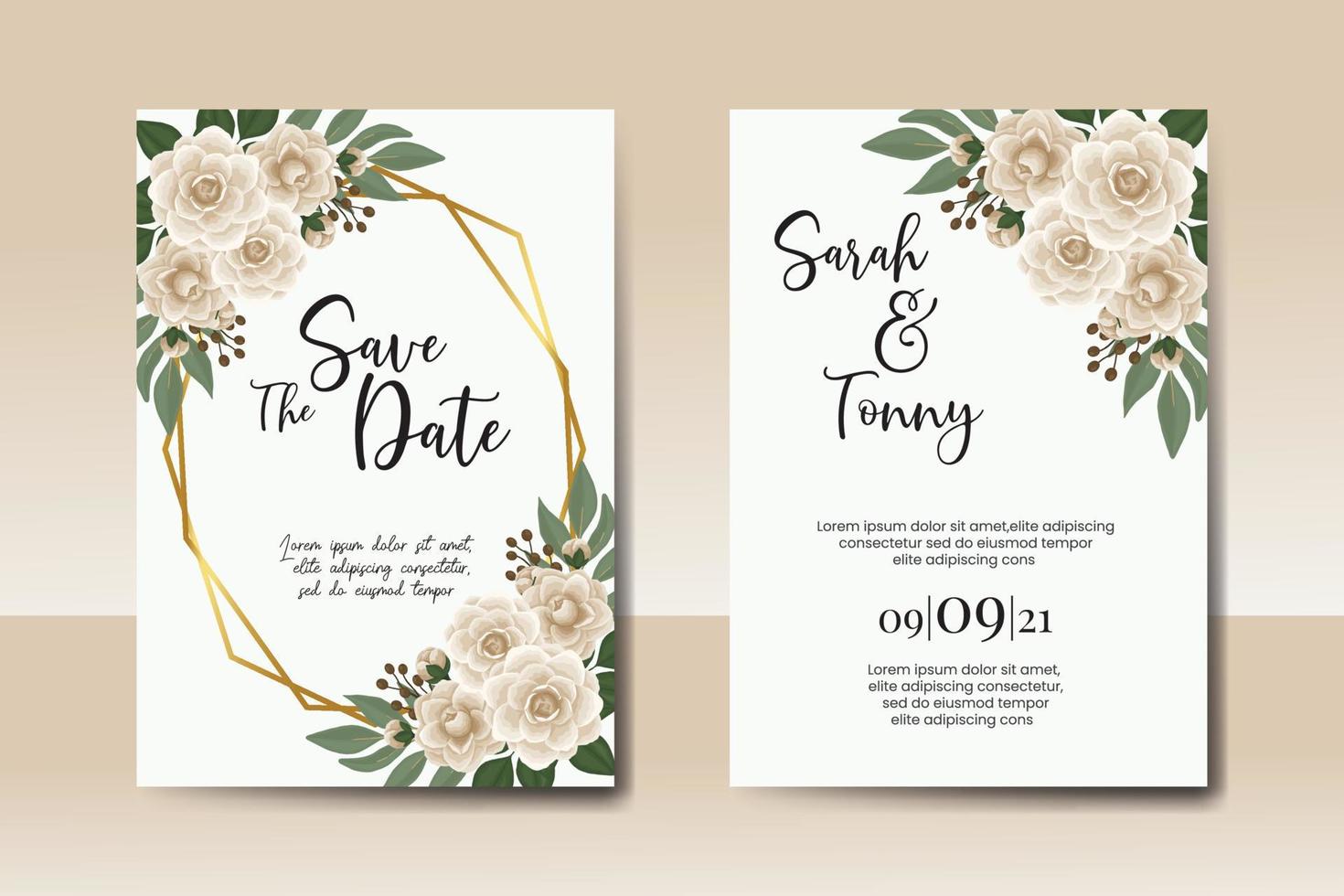 Hochzeit Einladung Rahmen Satz, Blumen- Aquarell Digital Hand gezeichnet Kamelie Blume Design Einladung Karte Vorlage vektor