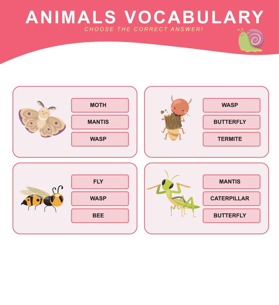 välja de korrekt svar. djur ordförråd. kalkylblad för förskola. ord testa pedagogisk spel för barn. vektor fil.