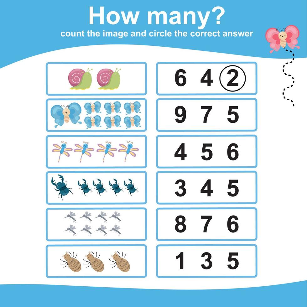 zählen und kreisen antworten für kinder. druckbares mathematisches arbeitsblatt für die vorschule. pädagogisches druckbares arbeitsblatt. Vektor-Illustration. vektor