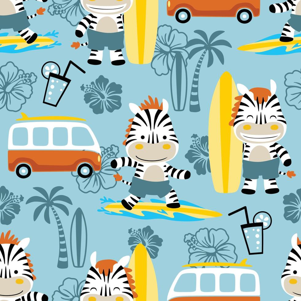 Vektor nahtlos Muster von Strand Urlaub Elemente Karikatur, komisch Zebra mit Surfbrett