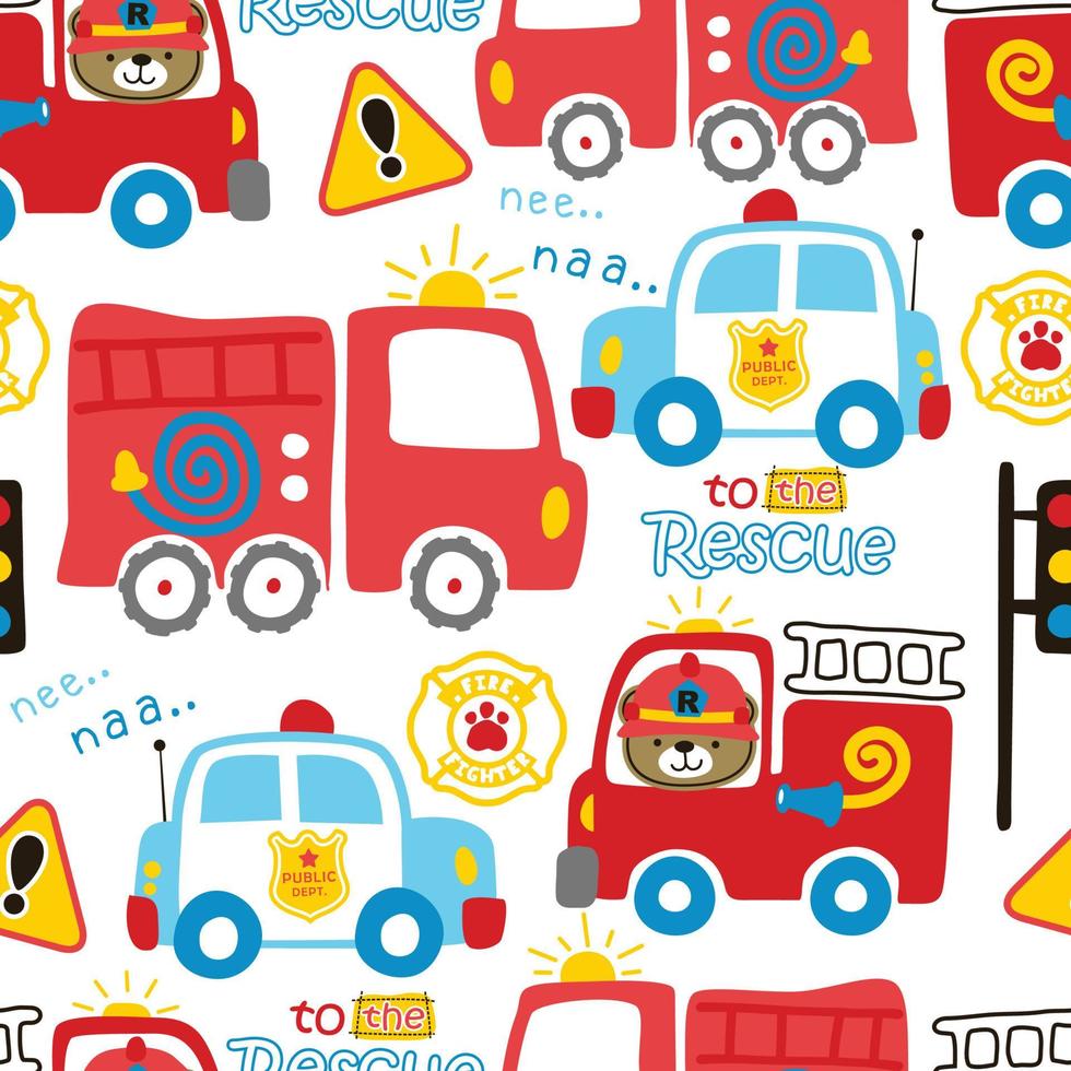 nahtlos Muster Vektor von Rettung Fahrzeuge Karikatur mit süß Bär auf Feuerwehrauto