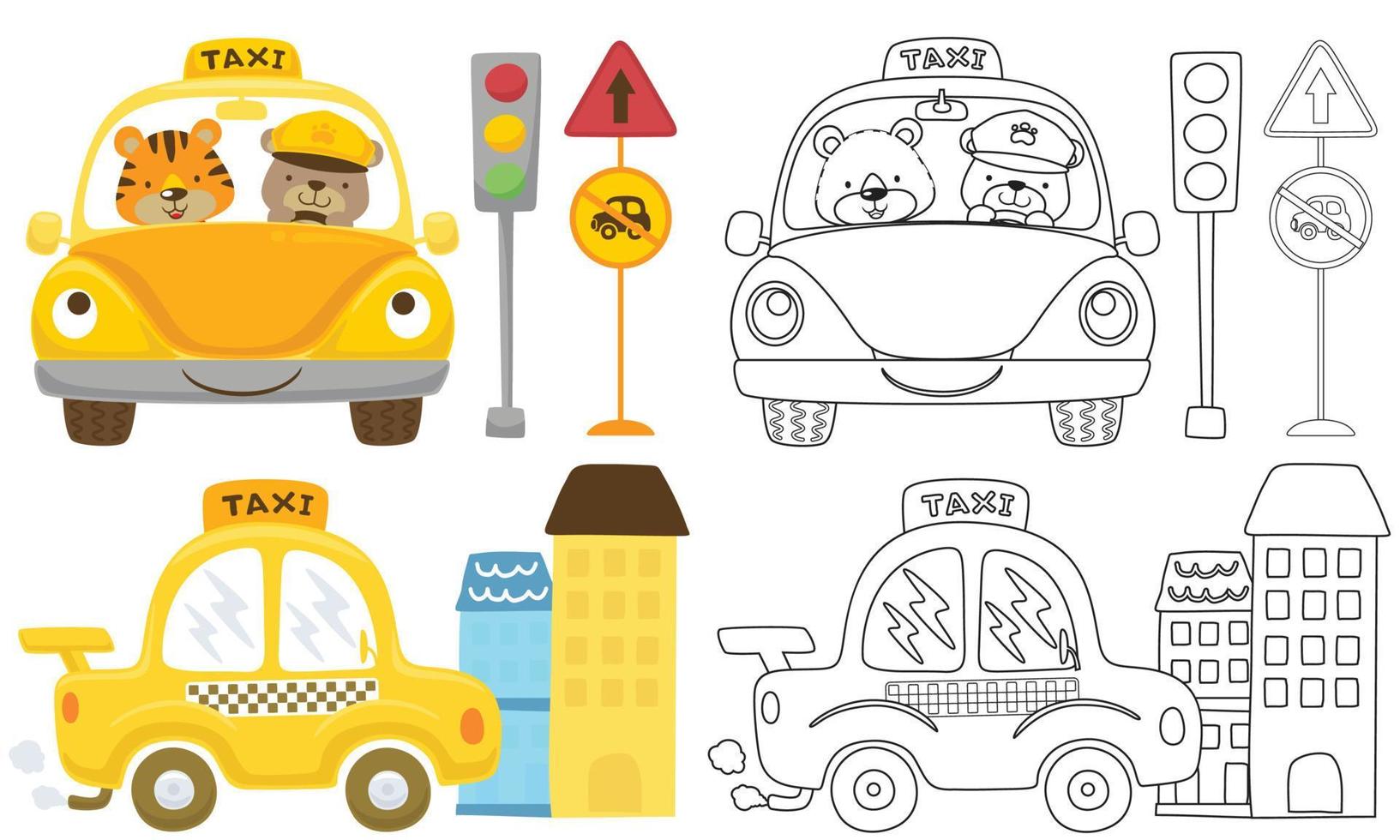 Vektor einstellen von Karikatur Stadt der Verkehr Element mit süß Bär und Tiger auf Taxi, Färbung Buch oder Seite