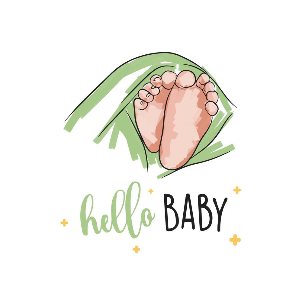 Baby Füße von ein neugeboren, Postkarte mit Bett Schlaganfälle, Hallo Baby, im Gekritzel Stil vektor
