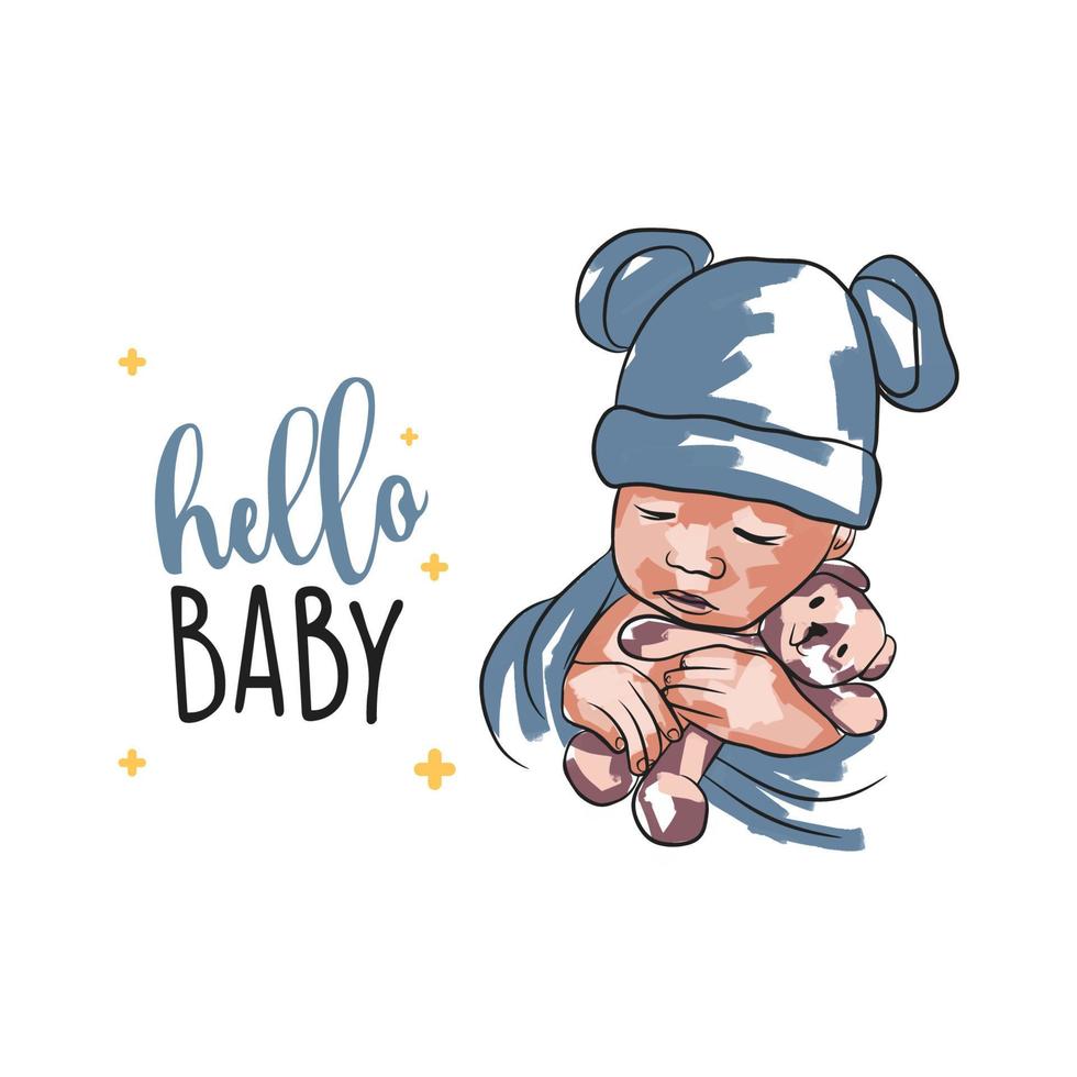 bebis kort med bebis, Hej bebis, hand text, bebis i klotter vektor