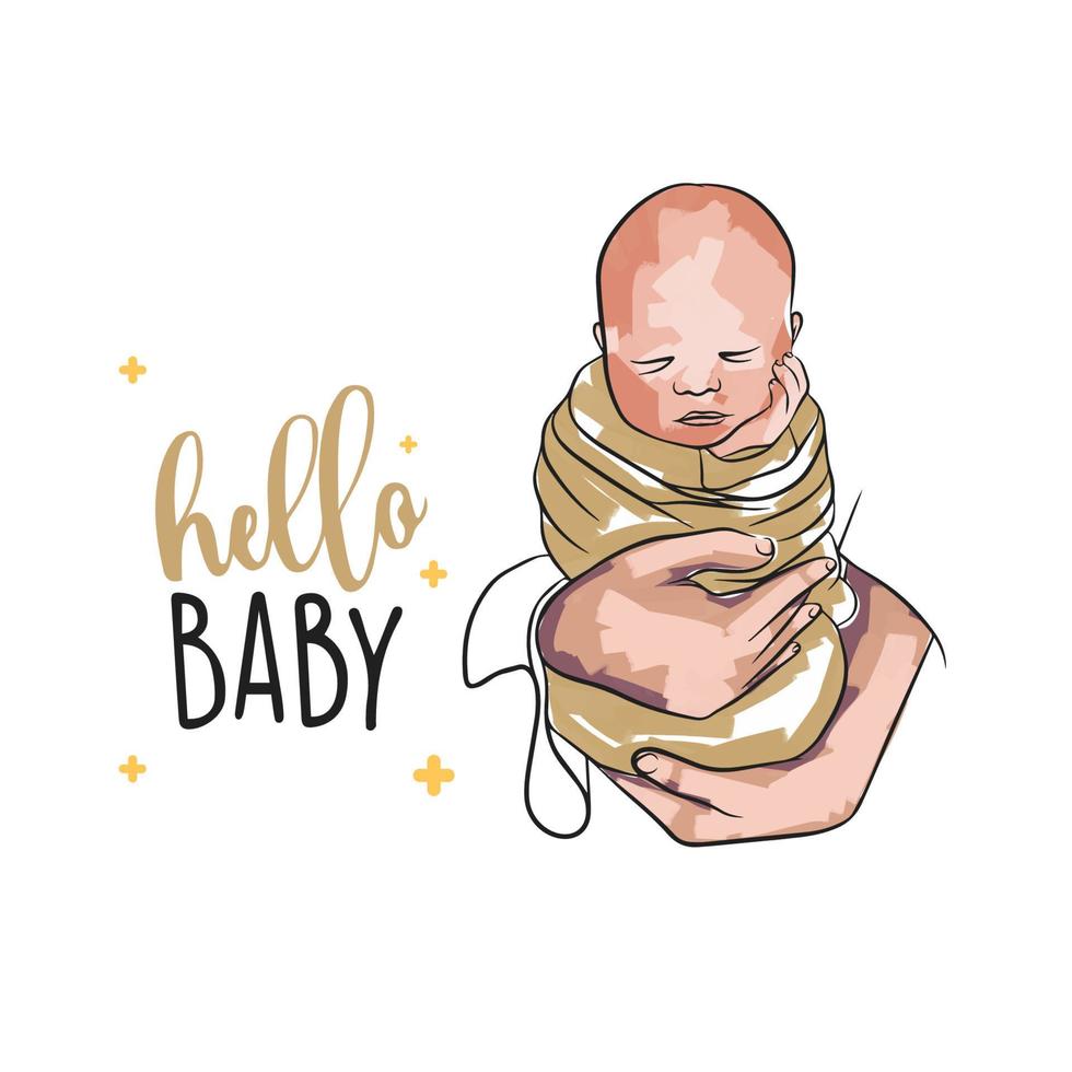 Postkarte zum Neugeborene, Baby im Mütter Hände, Hallo Baby, Pastell- Bürste vektor