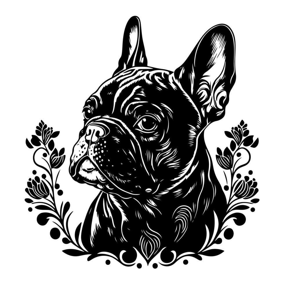 raffiniert Französisch Bulldogge mit Blumen- Muster. Vektor Illustration zum stilvoll T-Shirt Drucke, Haustier Geschäfte, und tierbezogen Entwürfe.