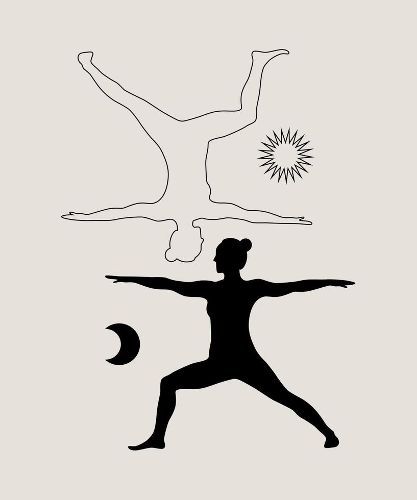 Frau tun Yoga abstrakt Poster. einfarbig Silhouette modern Illustration. Gesundheit Pflege und Lebensstil Konzept. Hand gezeichnet Vektor Illustration zum drucken und Netz.