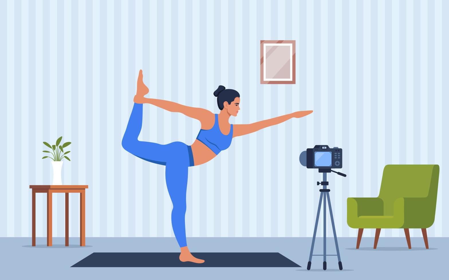 kvinna karaktär håller på med yoga övningar på Hem inspelning video med kamera på stativ. social nätverk bloggar, friska livsstil begrepp. sport streming. vektor illustration.